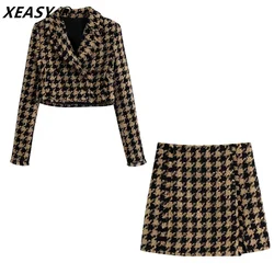 XEASY 2021 Tweed Two pieces set Women Yellow Vintage V Neck Long Sleeve Office Lady slim Blazer Coat Female Hight Waist โskirt s