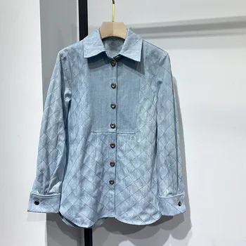 

Denim Jeans Blouses Women or Men Runway High-end Long Sleeve Blue Solid Blouses and Tops 2020 Spring New Streetwear Chic Blouses