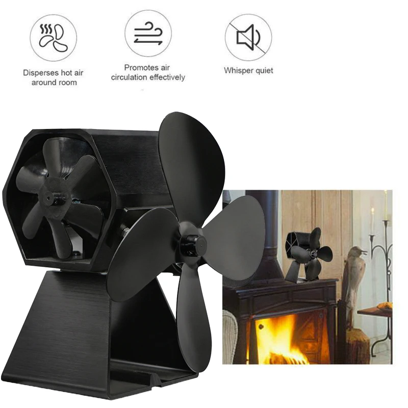 

Black Heat Powered Stove Fan Energy Saving 4 Leaves For Wood Burner Fireplace