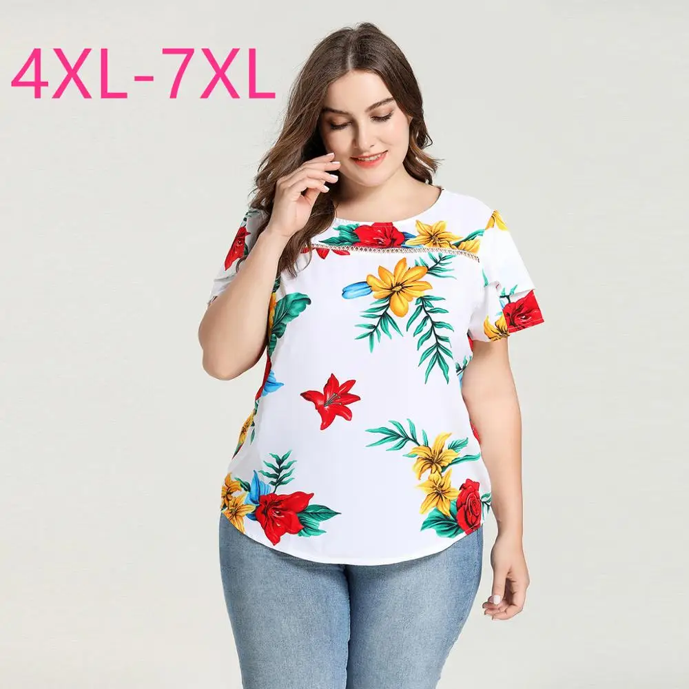 

2020 summer plus size tops for women large short sleeve loose casual white print flower floral O neck T-shirt 4XL 5XL 6XL 7XL