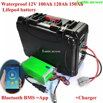 

Waterproof 12V 100Ah 120Ah 130Ah 150Ah Lifepo4 battery BMS with bluetooth for 1200w solar system motor home boat RV +10A charger