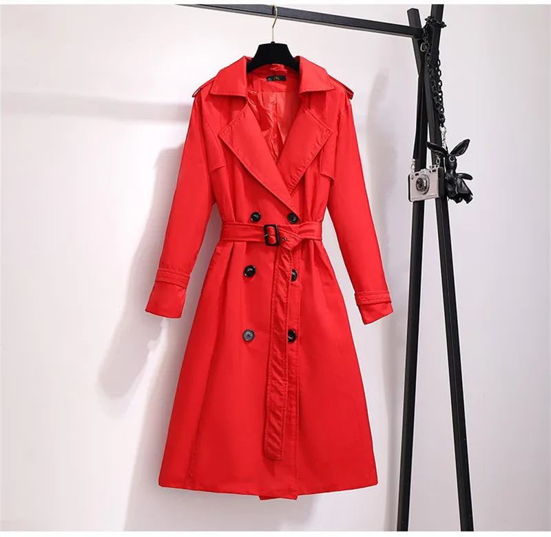 feminino blusão com cinto primavera outono coreano solto senhoras temperamento longo trench coat outwear preto vermelho