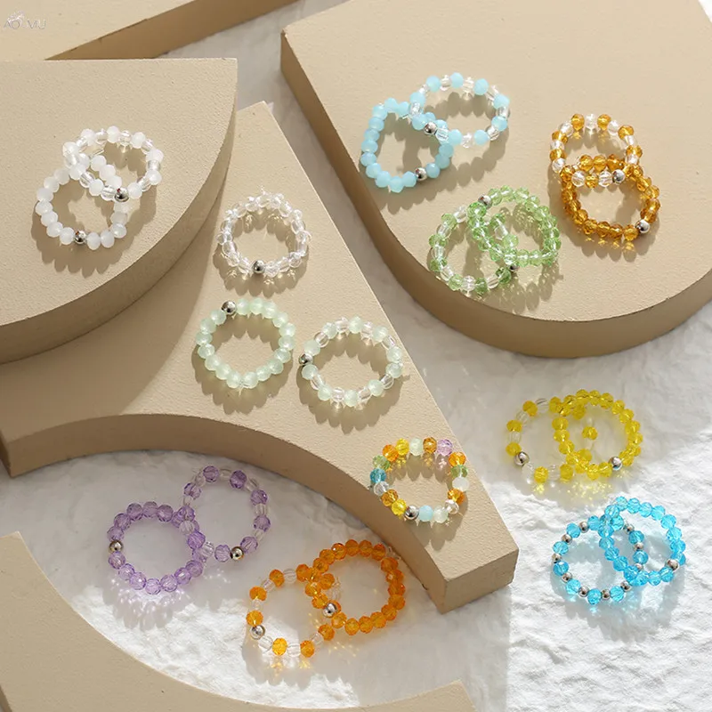 AOMU 2 unids/set moda de Corea colorido transparente de cristal perlas de resina anillos para las mujeres joyería de fiesta de regalos
