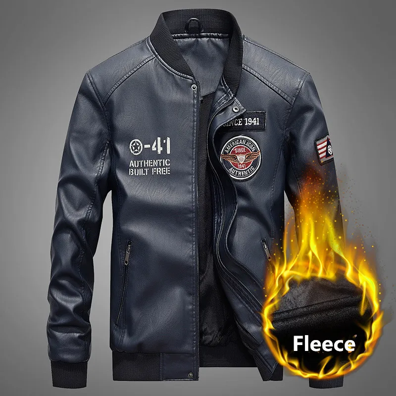 Кожаная куртка мужская повседневная тонкая флисовая утепленная мотоциклетная куртка Колледж пилот мото Байкер бомбер бейсбольная куртка из искусственной кожи - Цвет: navy-2