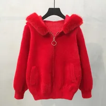 Короткий бархатный свитер с капюшоном, женский осенний и зимний Свободный кардиган с воротником из меха норки