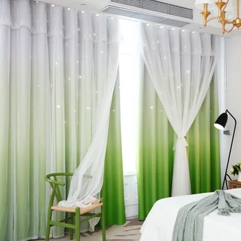 

Japanese and Korean style Gradient shading hollow out half window of star bedroom balcony Cloth curtain and Voile curtain in one