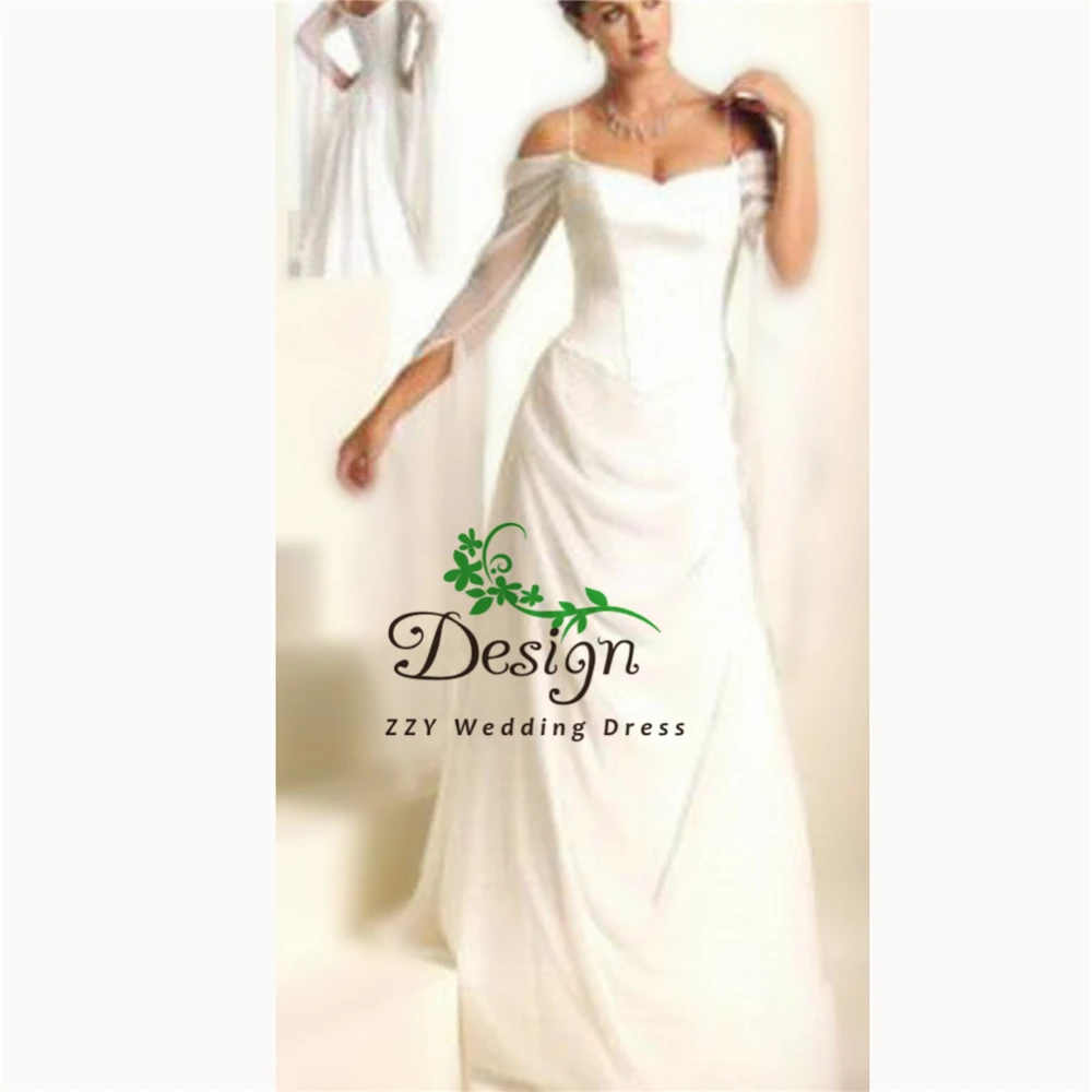 

Romantic Vintage Deep V-Neck Off The Shoulder A-line Wedding Dresses Chiffon Half Sleeves Pleat 2019 women Custom-Made Wedding