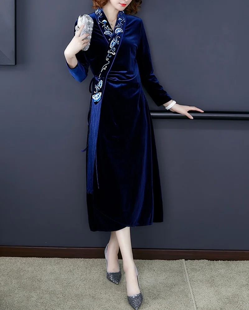 Велюровое вечернее платье, длинное, современное, китайское, Cheongsam Qipao, женское, вышивка, кисточки, длинный рукав, элегантное, китайское платье, TA2121