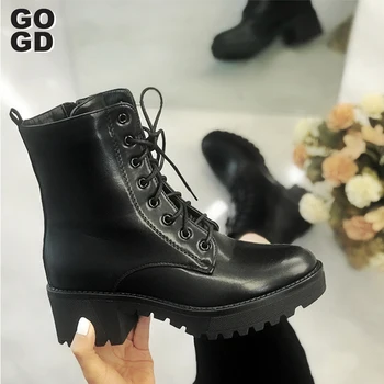 

[GOGD]high quality 2020 fashion New arrivel simple design shoes thick bottom lace up lady women boots size range 36-41girl shoes