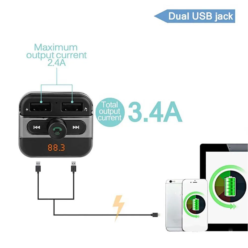 Автомобильное зарядное устройство с двумя usb-портами, Bluetooth, fm-передатчик, громкая связь, вызов, mp3-плеер