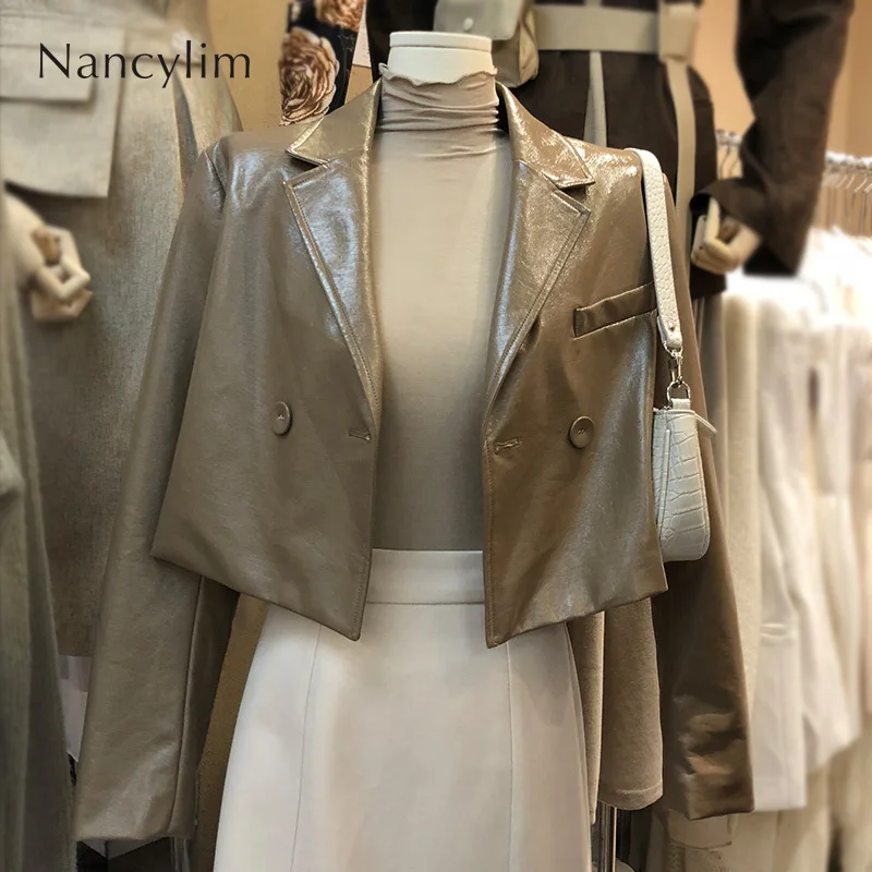 

Autumn New Temperament Ladies Small Fragrance Short High Waist PU Leather Jacket Small Womens High Quality Jacket Feminina Coat