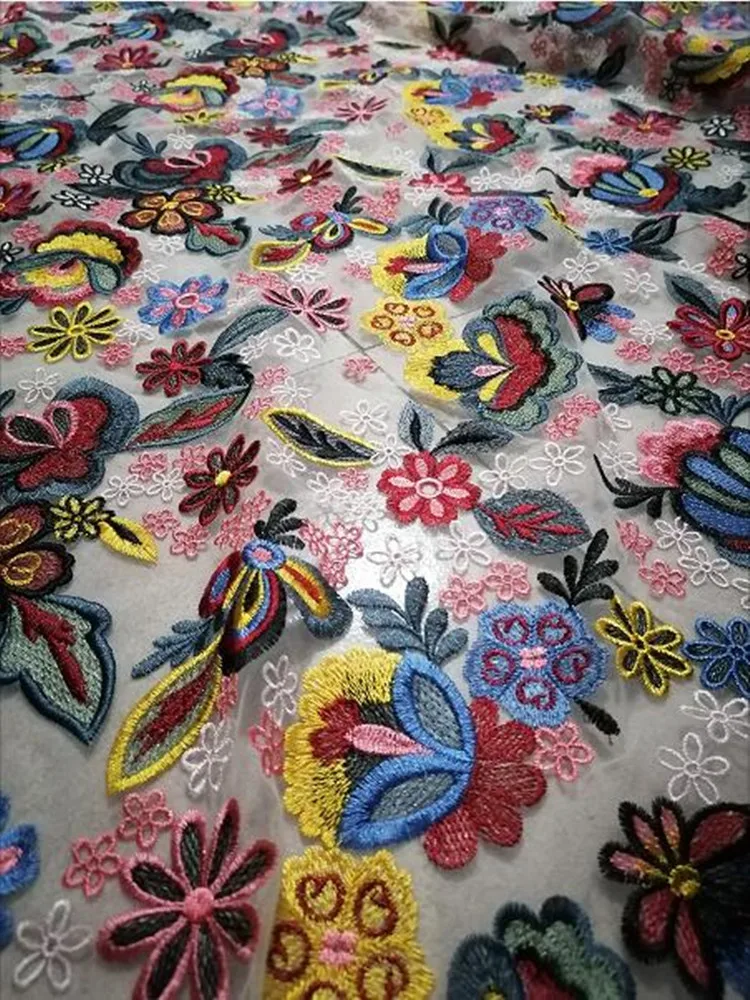 Nicely multicolor thread flat embroidery French mesh bottom embroidery African lace ethnic style is high-end dress evening dress