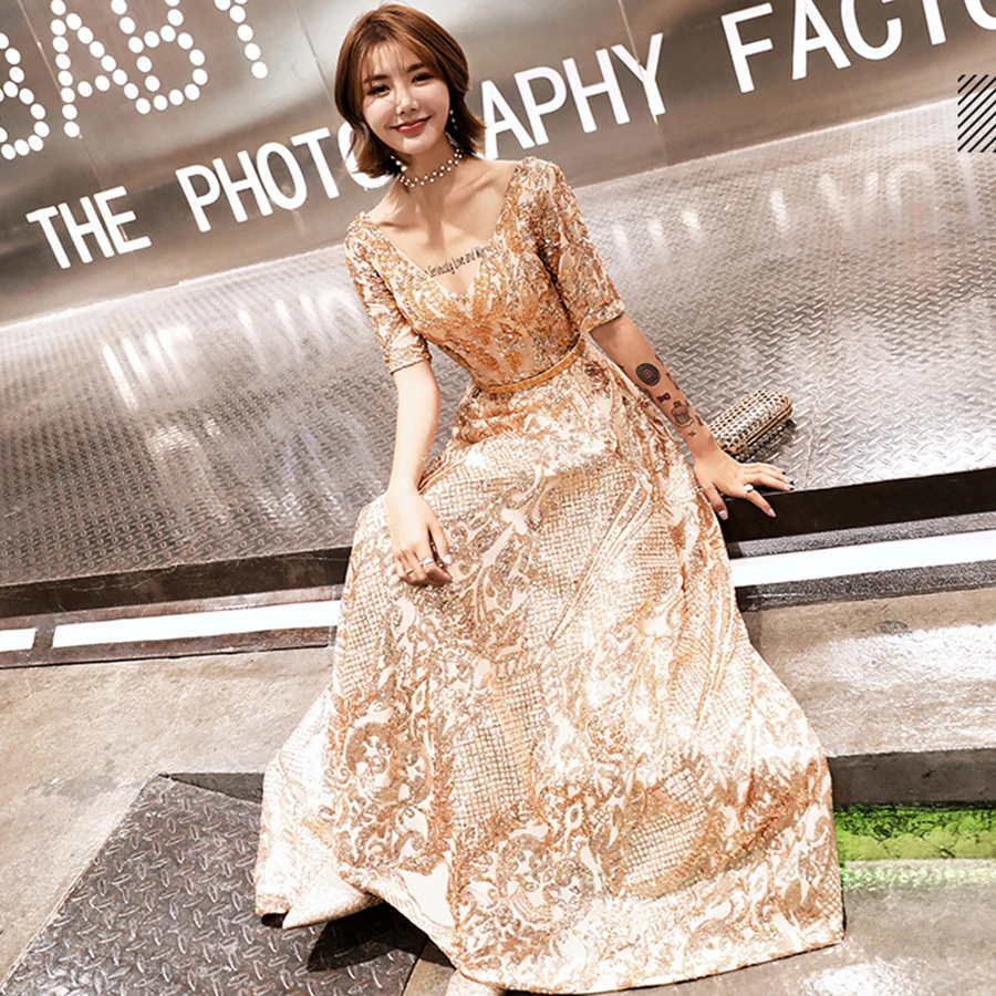 Evening Dress V-neck Lace Up Woman Long Dresses Half-sleeve Floor Length Robe De Soiree Sequin Elegant Evening Gown E402