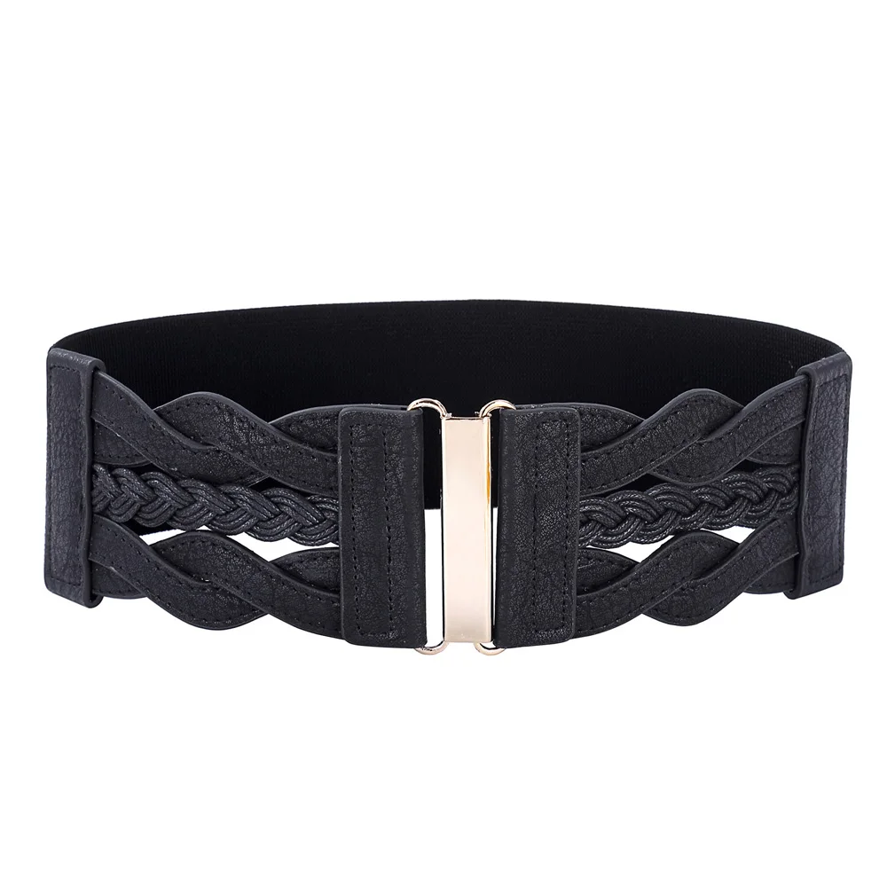 Black KK Модные женские плетеный пояс Эластичная лента+ PU кожаные поясные ремни для женщин Новые однотонные Boho платье Blet женские - Цвет: Black