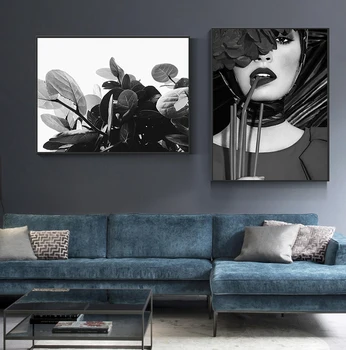 

Pretty Biting Lips Girl Plant Canvas Painting Black And White Poster Sexy Wall Art For Living Room Bedroom Decor