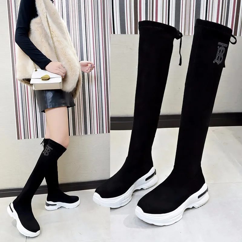 Zapatos de mujer/Сапоги выше колена; женские сапоги до бедра из эластичной ткани; коллекция года; пикантная женская обувь на плоской подошве; длинные сапоги; Bota Feminina