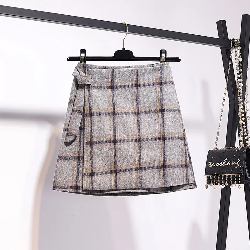 Skirt Trytree осенне-зимний комплект из двух предметов, повседневный шарф с круглым вырезом, вязанный однотонный Свободный Топ+ юбка в клетку, мини-комплект из 2 предметов - Цвет: Skirt
