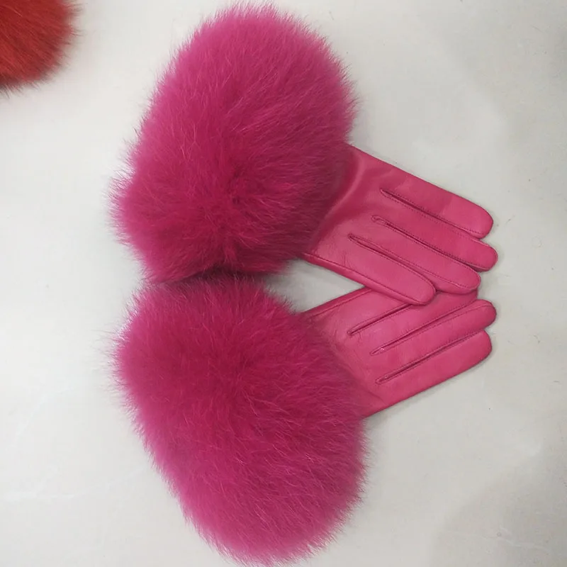 Female Luxury Real Leather Gloves With Real Fox Fur Cuff Women Warm Winter Genuine Leather Gloves Ladies Casual Hand Warmer