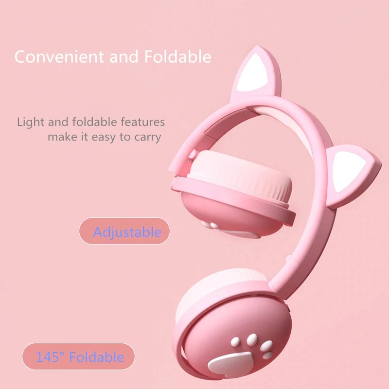 Bluetooth Headphones glowing cute LED Cat Ear Paw Girls Gift Kids Headset Wireless HIFI Stereo Bass 3 5mm Plug With Mic