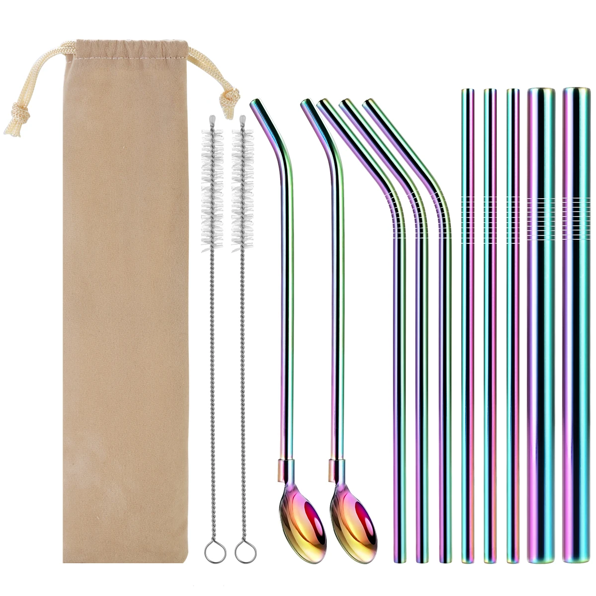 

12pcs Reusable Stainless Steel Drinking Straws Set Curved & Straight Straws Drink Spoons Brushes with Pouch