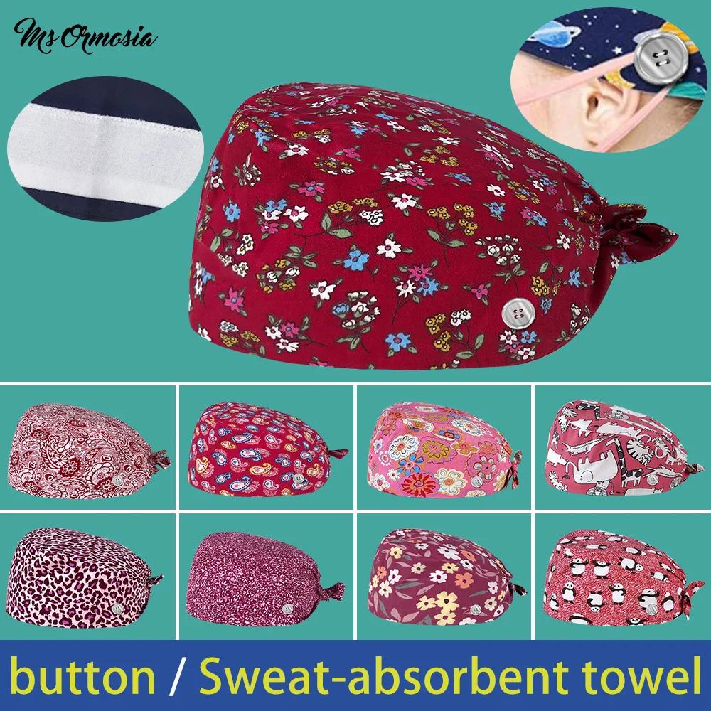 

wholesale unisex with buttons cotton cartoon printing scrub hat lab beauty salon work hats summer breathable bandage scrub caps