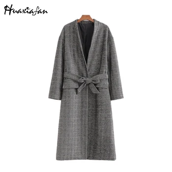

Huaxiafan office lady dark grey coat woman long woolen coat winter new fashion plaid girls outwear elegant sashes female coat
