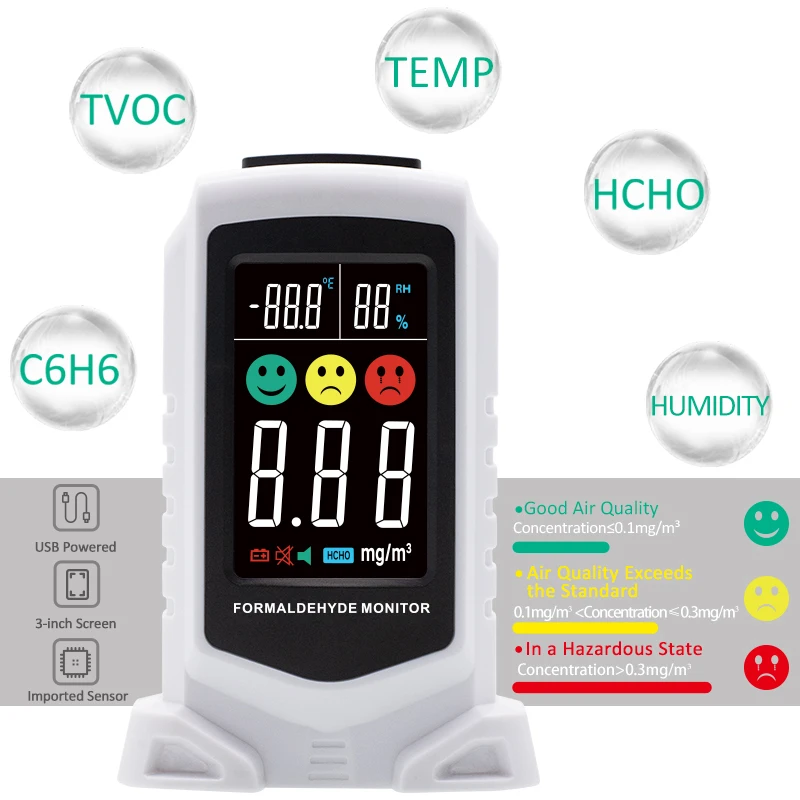 

Gas Analysis 3-inch Color Screen Digital Formaldehyde Detector Meter HCHO / TVOC /C6H6/Temperature/Humidity air quality monitor