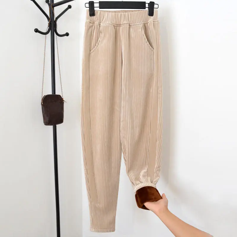 Beige yellow 1918 Плюс бархатные шаровары женские повседневные осенние зимние теплые брюки с высокой талией женские брюки больших размеров женские Панталоны Mujer Q1903 - Цвет: Beige yellow 1918