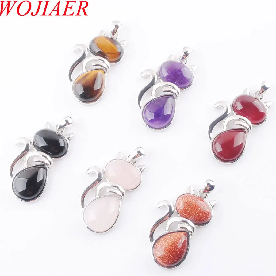 

WOJIAER Natural Gem Stone Bead Girl Cute Cat Shape Silver Necklaces Pendant Women Men Jewelry 1PCS PBN364