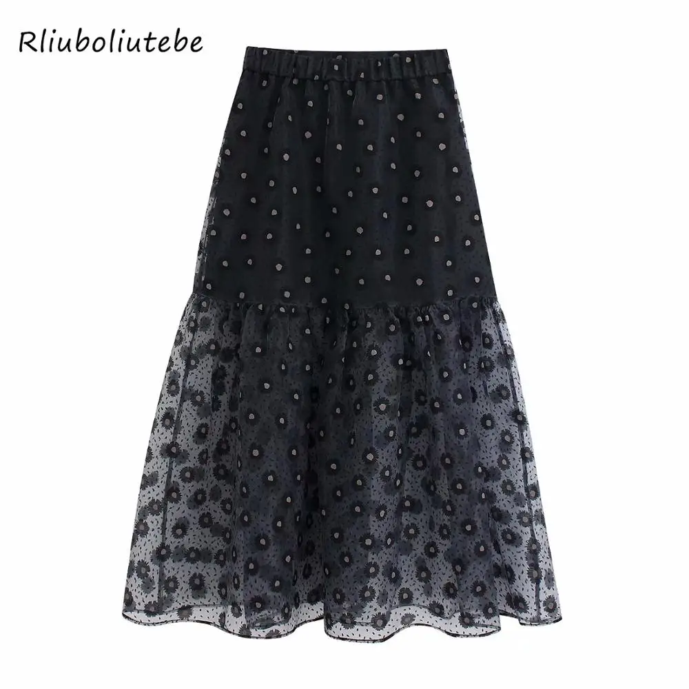 

black printed organza skirt women spring elastic high waist ruffles midi skirt elegant party floral black skirt ladies organza