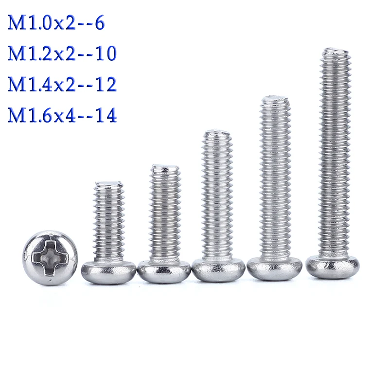 

100pcs round head mini screw DIN7985 M1.0 M1.2 M1.4 M1.6 stainless steel cross drive pan head silver color machine micro screw