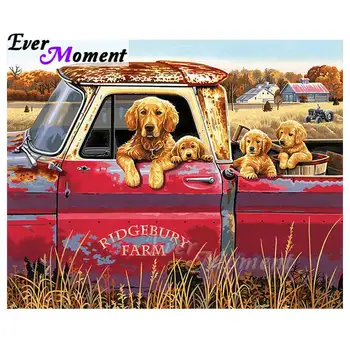 

Ever Moment Diamond Painting Rural Farm Dogs Old Red Truck Full Square Drills Resin Diamond Embroidery Mosaic Cross Stitch 4Y041