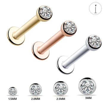 수술용 강철 내부 나사산 CZ 젬 라브레트, 16G 1.5-3mm 립 링, 귀 이주 연골 귀걸이 피어싱, 316L, 1 개