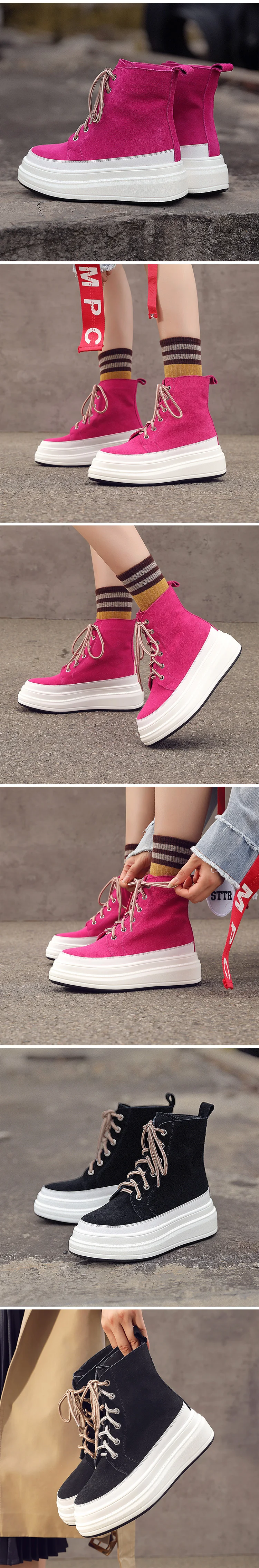 New Winter Genuine Leather Women Ankle Boots Round Toe Lace-Up Solid Causal Women Platform Shoes Black Female Short Boots
