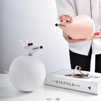 

Piggy Bank Nordic Iron Deposit Pot Round Rat Ornament For Desk Car Home Decor Pure Color Tumbler Cartoon Animal Mouse Decoration
