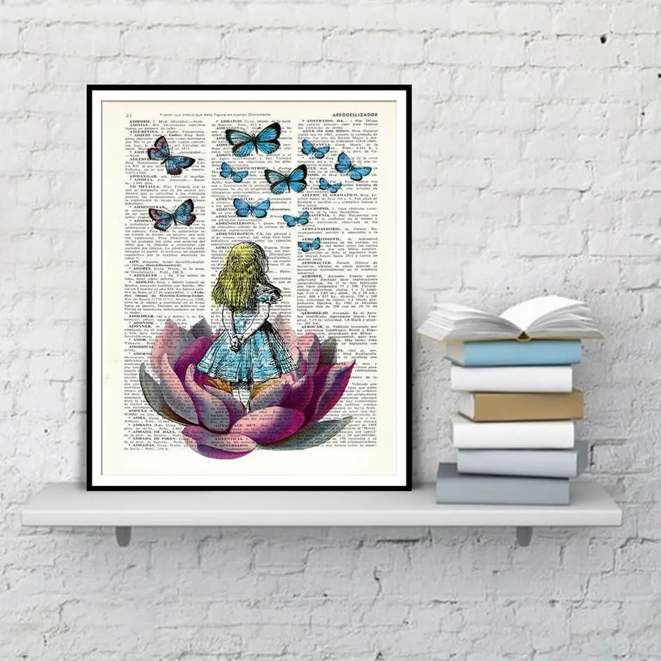 Alice In Wonderland Looking For A Blue Butterfly On Vintage Dictionary Art Posters And Prints Modern Decoration Canvas Painting | Дом и сад