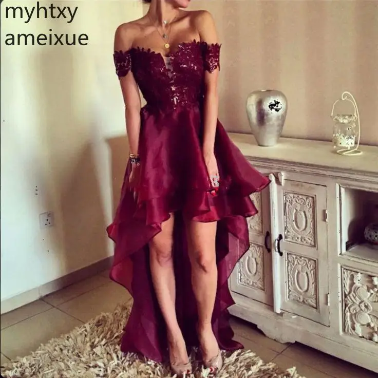 

2019 Unique Burgundy Asymmetrical Red Sexy Cheap Prom Dress Elegant High Low South Evening Party Gown Plus Size Prom Custom Made