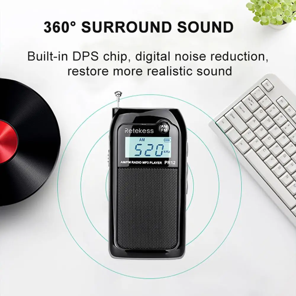 Retekess PR12 Мини карманный радио FM AM цифровой тюнинговый радиоприемник 9K/10K MP3