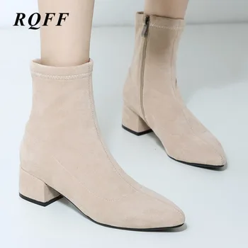 

New Ankle Boots Women 2019 Autumn Fashion Square Block Heel Shoes Woman Big Size Flock Zip Pointed Toe Beige Black Elastic Boot