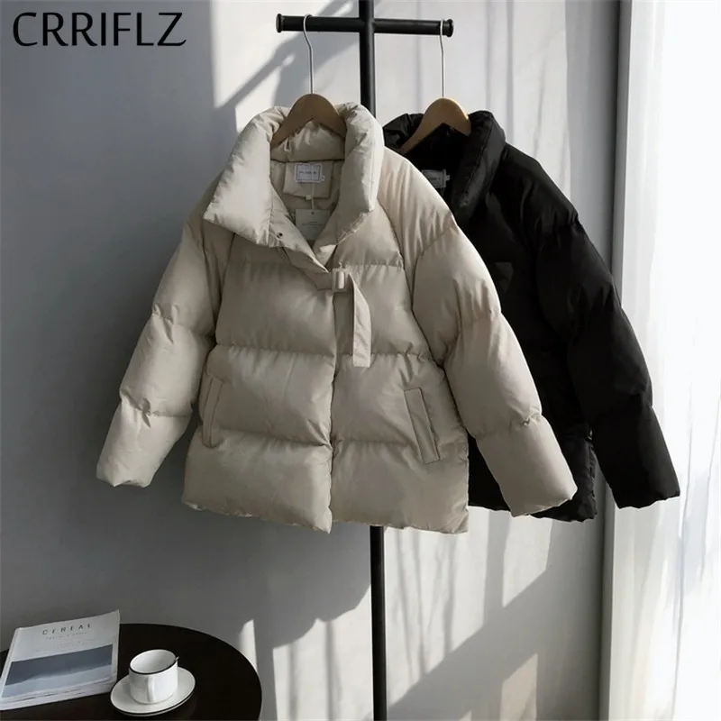 CRRIFLZ женские зимние куртки короткие с пряжкой дизайн теплый уплотненный пуховик