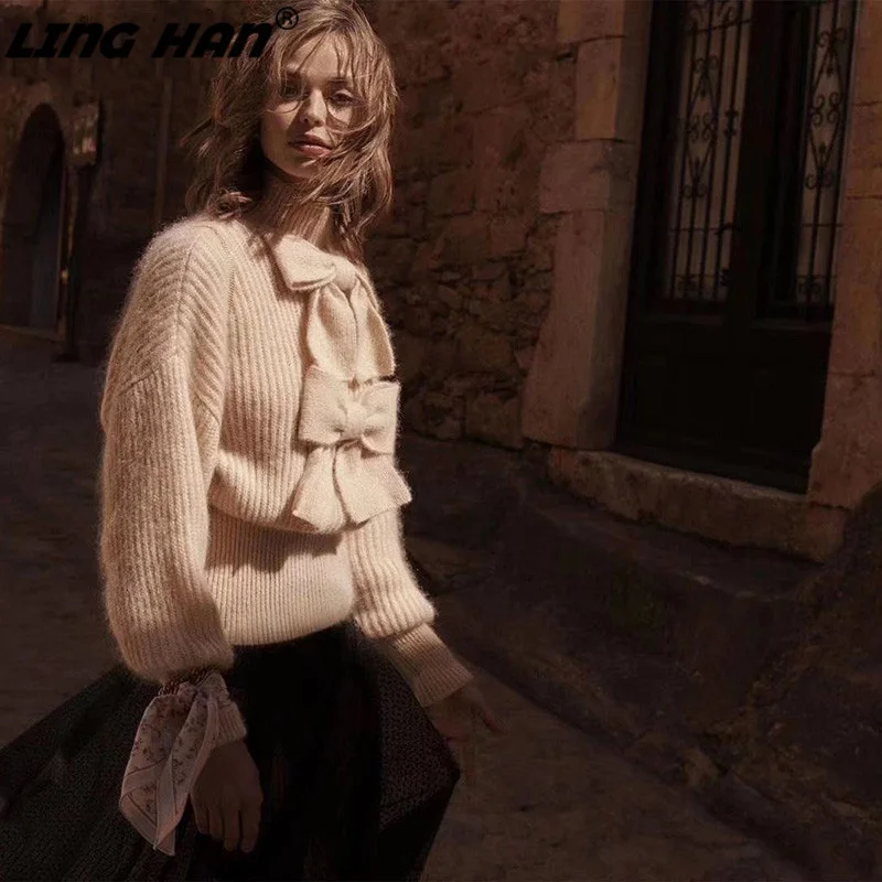 

LINGHAN Autumn Winter Runway Knitting Pullovers Women's Long Sleevee Elegant Bow Sweater Jumper Female