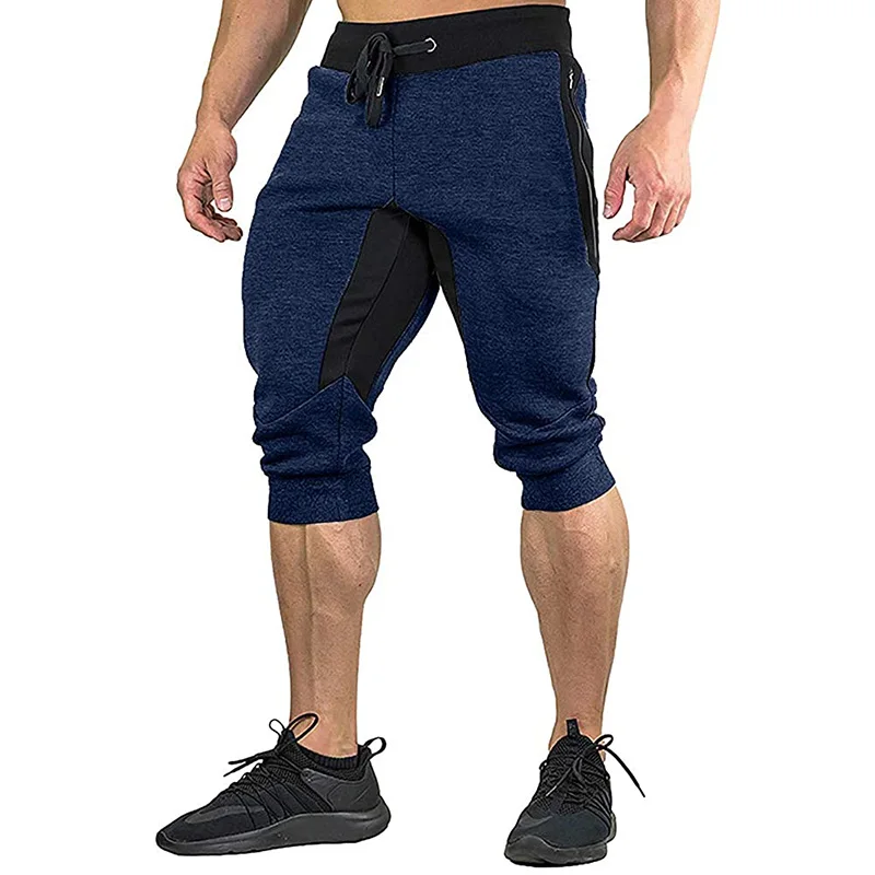 Men's  3/4 Length Cotton Summer Sweatpants Zipper Pockets Drawstring Gym Training Workout Shorts