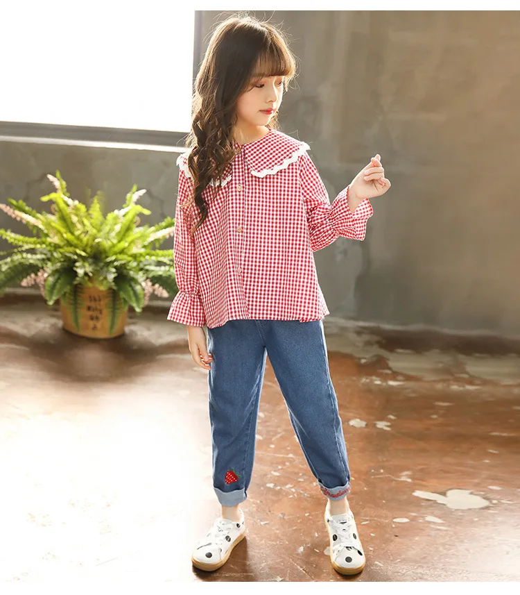 Весенний комплект одежды для девочек 4-11 лет; рубашки с длинными рукавами; джинсовые брюки для детей