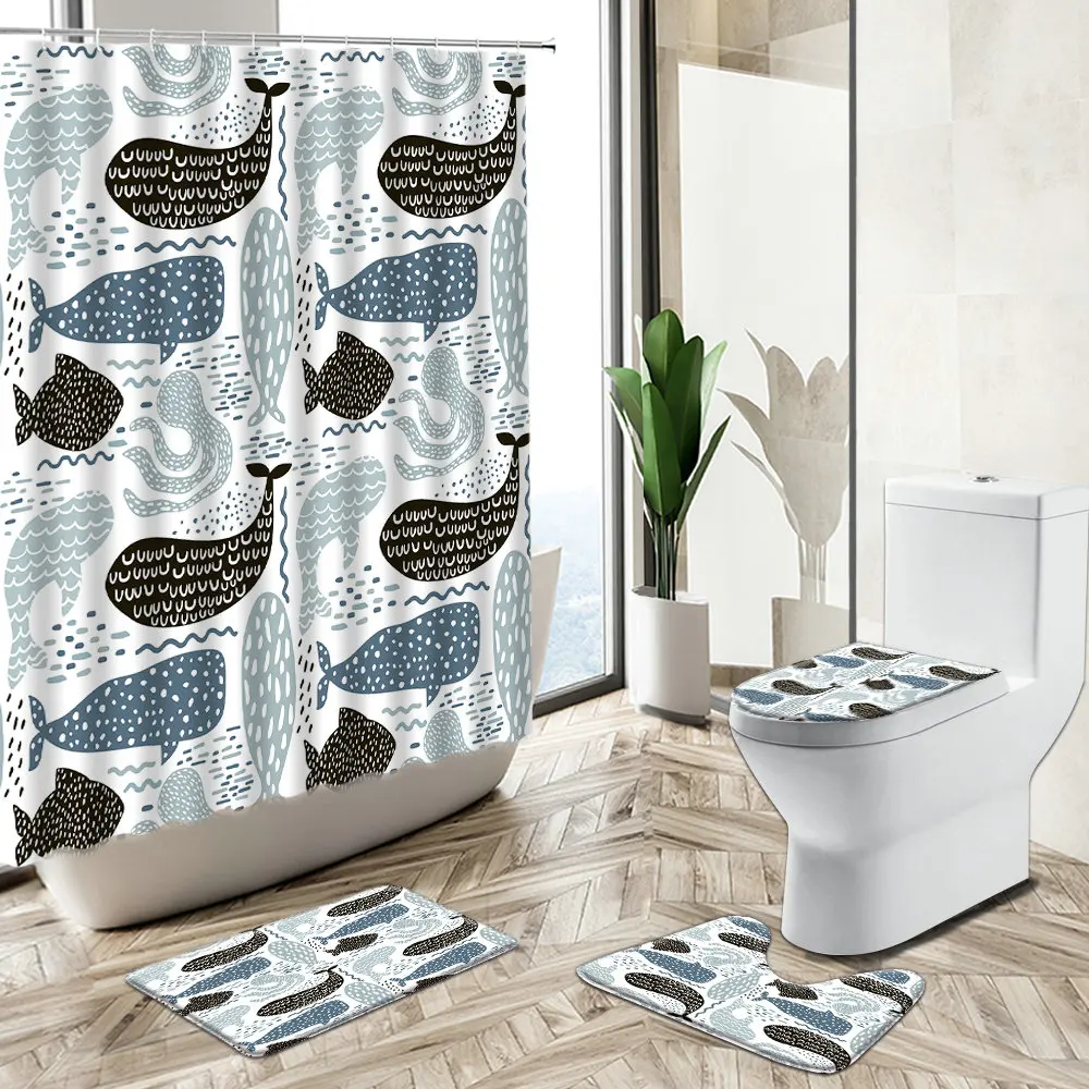 

Cartoon Ocean Animal Blue Dolphin Fish Pattern Shower Curtain Set Non-Slip Pedestal Rug Toilet Cover Fun Child Bathroom Decor