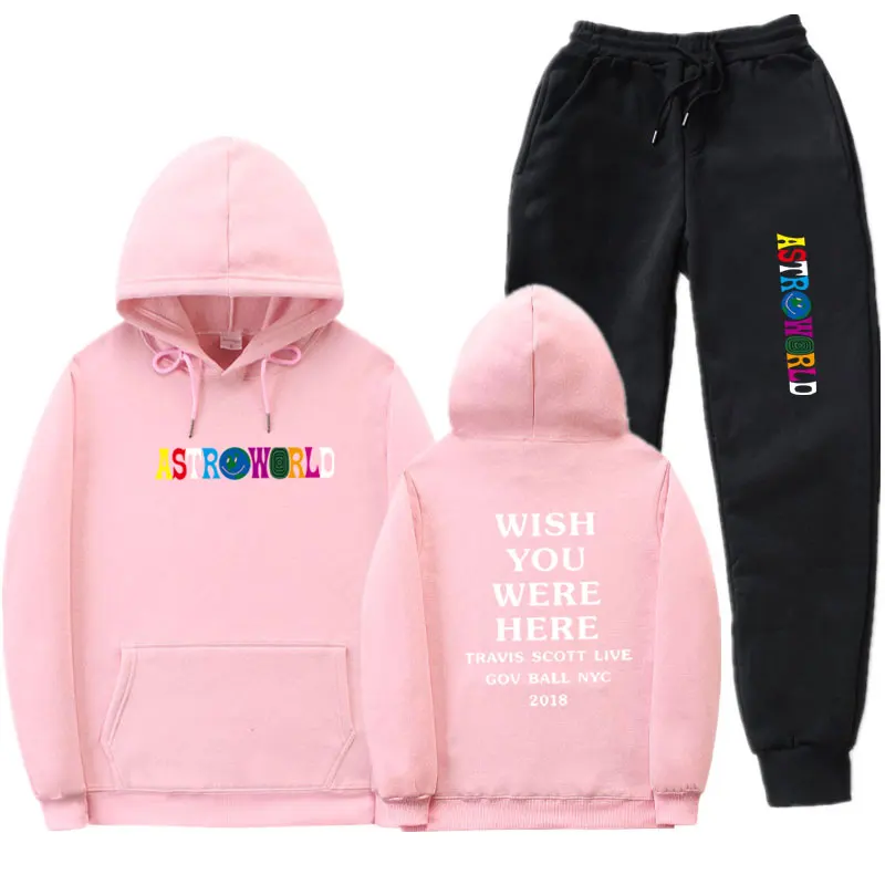 Pink MK65 В уличном стиле с изображением Трэвиса Скотта ASTROWORLD худи, детские спортивные костюмы, Для мужчин флисовая спортивная одежда состоящие из кофты с капюшоном и штанов, комплекты Повседневное Толстовка спортивный костюм - Цвет: Pink MK65