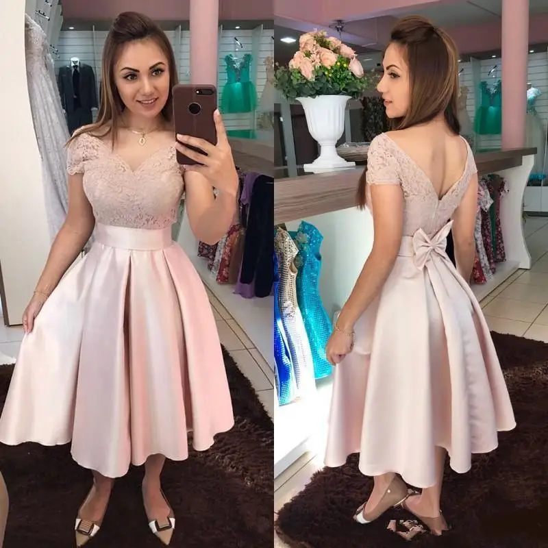 

Off Shoulder Pink Prom Homecoming Dresses V Neck Knot Lace Pleats Short Sleeves Formal Prom Party Sweet 16 Dress Cocktail Dress