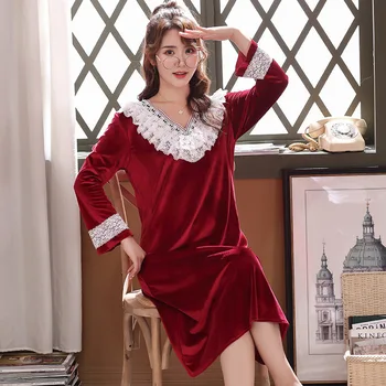 

Burgundy Sexy V-Neck Spring Nightgown Sweet Lace Flower Trim Nightdress Intimate Lingerie Lady Sleepwear Lounge Homedress M-XXL