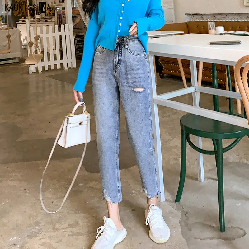 

Korean Women's Harem Pants Jeans Autumn New High Waist Slim Hole Ankle-Length Casual Trousers Girls Streetwear Denim Pants