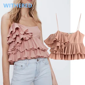 

Withered england high street vintage pleated spaghetti strapless short blouse women blusas mujer de moda 2019 kimono womens tops