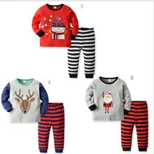 Pudcoco/Рождественская детская одежда из 2 предметов футболка для новорожденных девочек и мальчиков с изображением оленя Санты и снеговика Пуловеры и штаны в полоску Рождественский комплект одежды